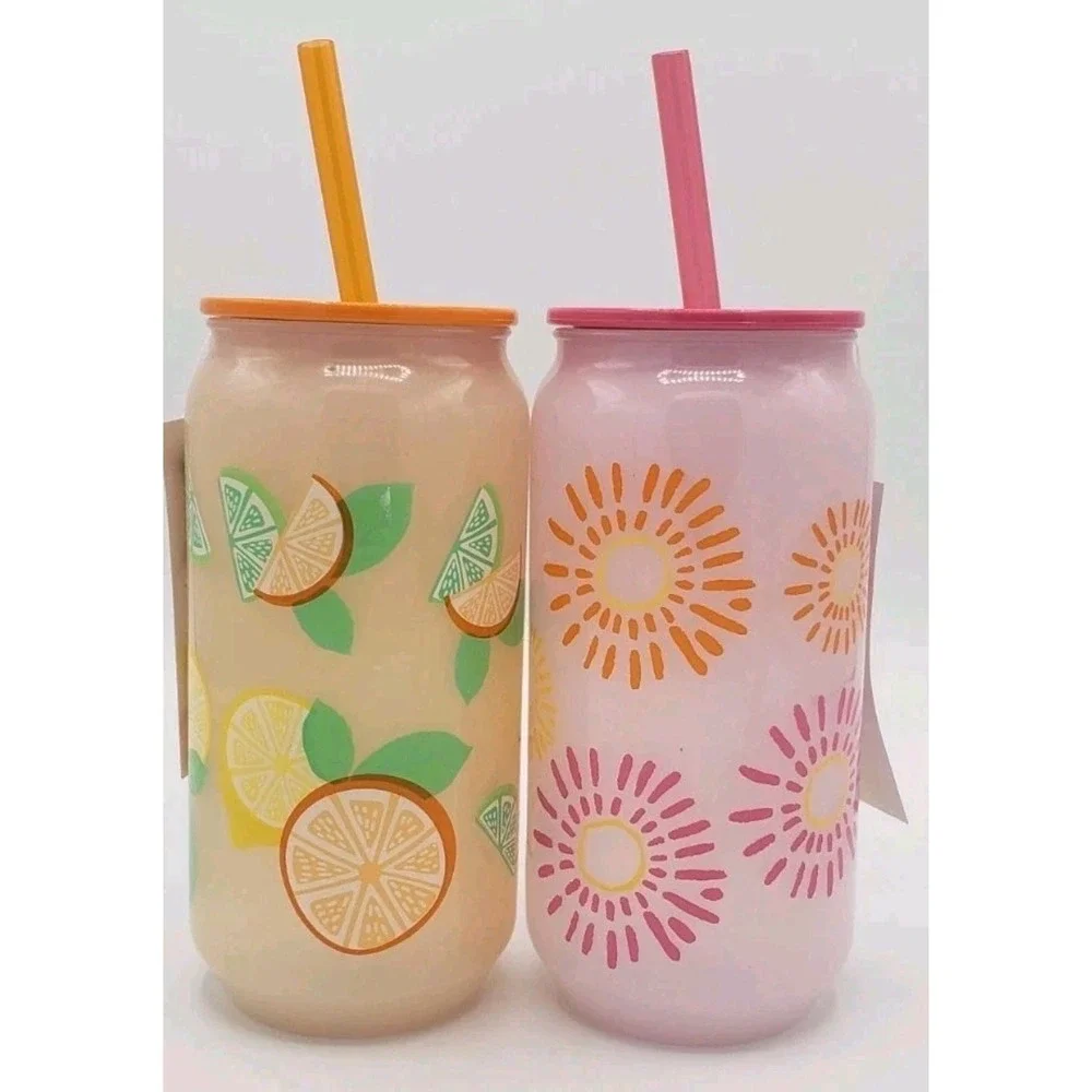 NEW Set Of 2 - 20oz Color Changing Tumbler Lid Straw Orange & Pink Summer Fruit